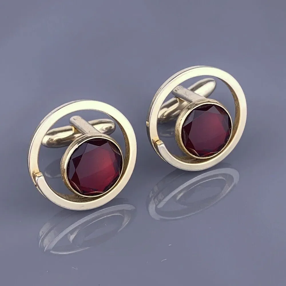 Red Cut Glass Open Circle Cufflinks Gold Tone Modernist Coil Simple Vintage